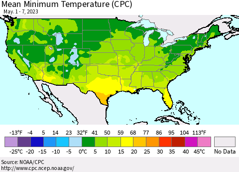 United States Mean Minimum Temperature (CPC) Thematic Map For 5/1/2023 - 5/7/2023