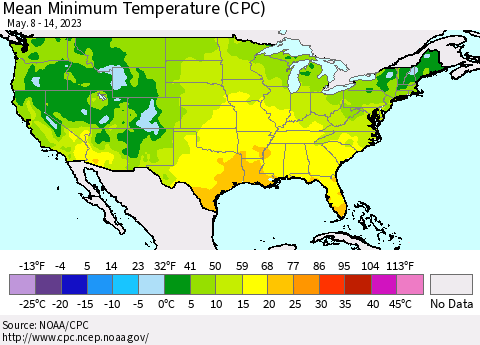 United States Mean Minimum Temperature (CPC) Thematic Map For 5/8/2023 - 5/14/2023