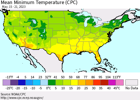 United States Mean Minimum Temperature (CPC) Thematic Map For 5/15/2023 - 5/21/2023