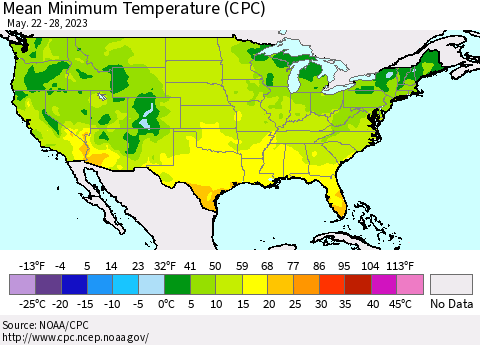 United States Mean Minimum Temperature (CPC) Thematic Map For 5/22/2023 - 5/28/2023