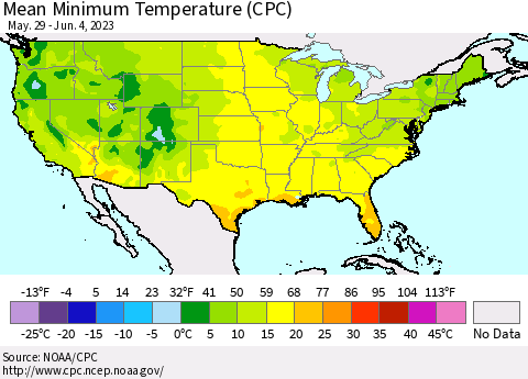 United States Mean Minimum Temperature (CPC) Thematic Map For 5/29/2023 - 6/4/2023