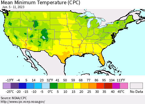 United States Mean Minimum Temperature (CPC) Thematic Map For 6/5/2023 - 6/11/2023
