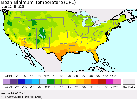 United States Mean Minimum Temperature (CPC) Thematic Map For 6/12/2023 - 6/18/2023