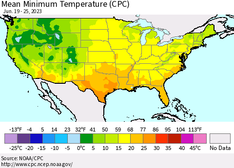 United States Mean Minimum Temperature (CPC) Thematic Map For 6/19/2023 - 6/25/2023