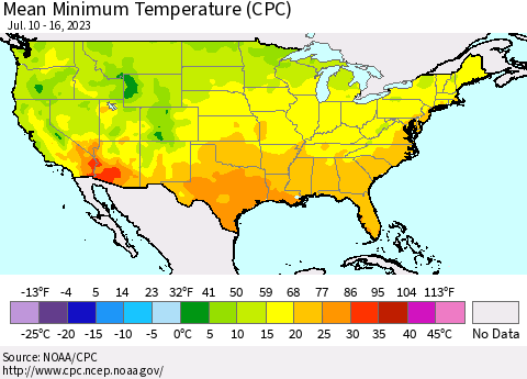 United States Mean Minimum Temperature (CPC) Thematic Map For 7/10/2023 - 7/16/2023