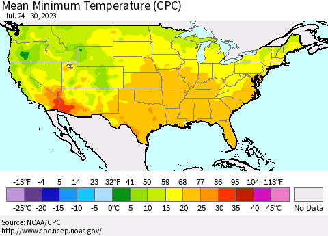 United States Mean Minimum Temperature (CPC) Thematic Map For 7/24/2023 - 7/30/2023