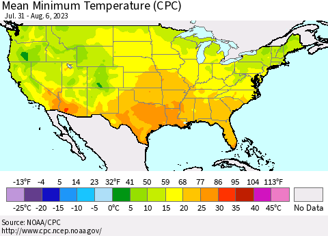 United States Mean Minimum Temperature (CPC) Thematic Map For 7/31/2023 - 8/6/2023