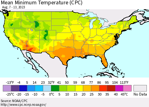 United States Mean Minimum Temperature (CPC) Thematic Map For 8/7/2023 - 8/13/2023