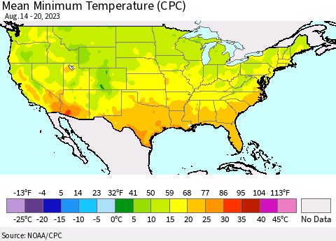 United States Mean Minimum Temperature (CPC) Thematic Map For 8/14/2023 - 8/20/2023