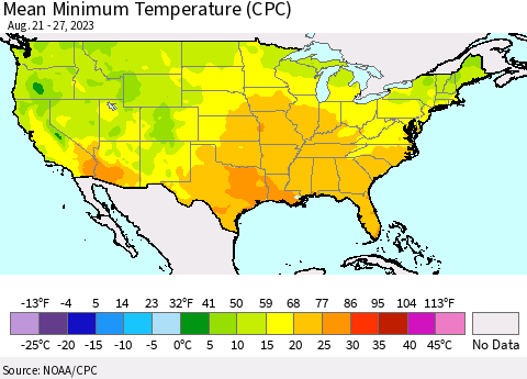 United States Mean Minimum Temperature (CPC) Thematic Map For 8/21/2023 - 8/27/2023