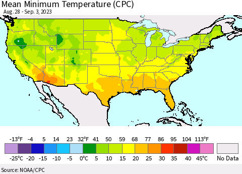 United States Mean Minimum Temperature (CPC) Thematic Map For 8/28/2023 - 9/3/2023