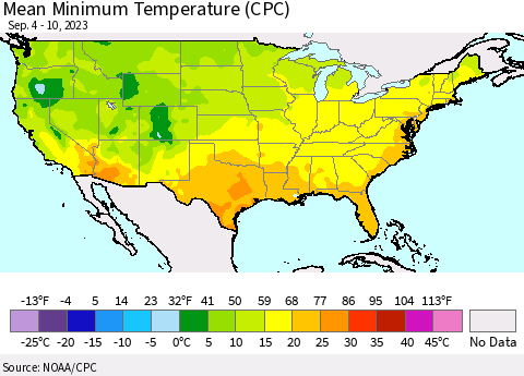 United States Mean Minimum Temperature (CPC) Thematic Map For 9/4/2023 - 9/10/2023
