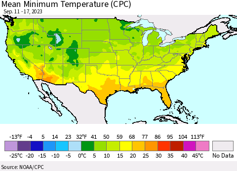 United States Mean Minimum Temperature (CPC) Thematic Map For 9/11/2023 - 9/17/2023