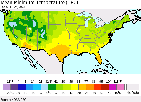 United States Mean Minimum Temperature (CPC) Thematic Map For 9/18/2023 - 9/24/2023