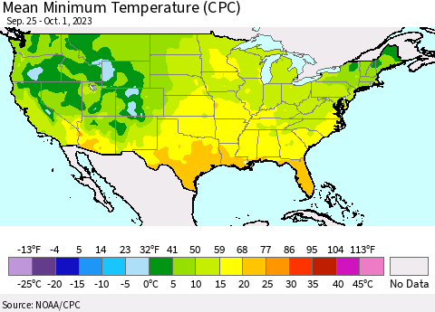 United States Mean Minimum Temperature (CPC) Thematic Map For 9/25/2023 - 10/1/2023