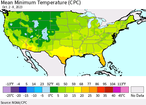 United States Mean Minimum Temperature (CPC) Thematic Map For 10/2/2023 - 10/8/2023