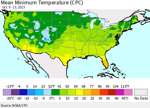 United States Mean Minimum Temperature (CPC) Thematic Map For 10/9/2023 - 10/15/2023