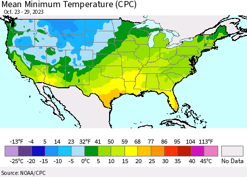United States Mean Minimum Temperature (CPC) Thematic Map For 10/23/2023 - 10/29/2023