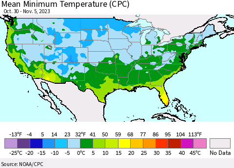 United States Mean Minimum Temperature (CPC) Thematic Map For 10/30/2023 - 11/5/2023