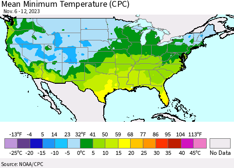 United States Mean Minimum Temperature (CPC) Thematic Map For 11/6/2023 - 11/12/2023