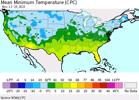 United States Mean Minimum Temperature (CPC) Thematic Map For 11/13/2023 - 11/19/2023