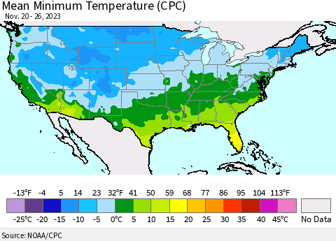 United States Mean Minimum Temperature (CPC) Thematic Map For 11/20/2023 - 11/26/2023