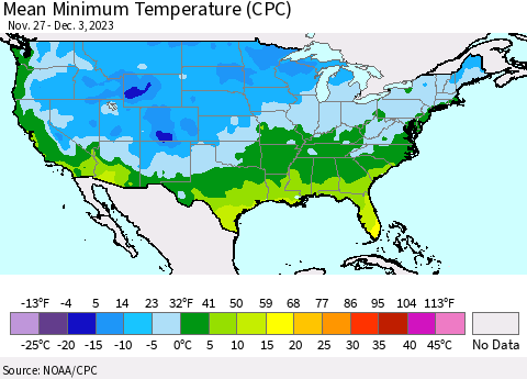 United States Mean Minimum Temperature (CPC) Thematic Map For 11/27/2023 - 12/3/2023