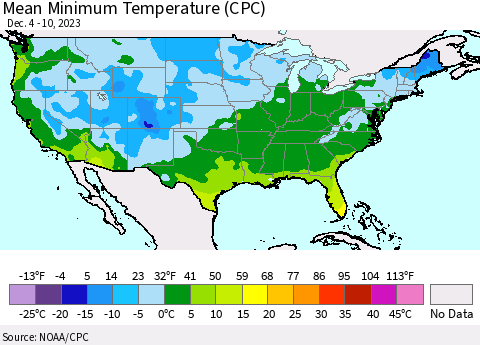 United States Mean Minimum Temperature (CPC) Thematic Map For 12/4/2023 - 12/10/2023
