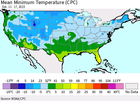 United States Mean Minimum Temperature (CPC) Thematic Map For 12/11/2023 - 12/17/2023
