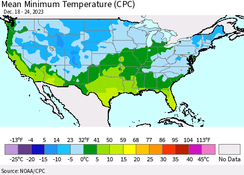 United States Mean Minimum Temperature (CPC) Thematic Map For 12/18/2023 - 12/24/2023