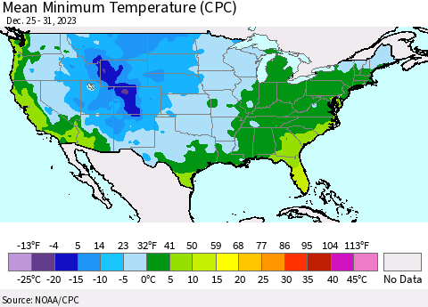 United States Mean Minimum Temperature (CPC) Thematic Map For 12/25/2023 - 12/31/2023