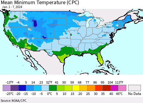 United States Mean Minimum Temperature (CPC) Thematic Map For 1/1/2024 - 1/7/2024