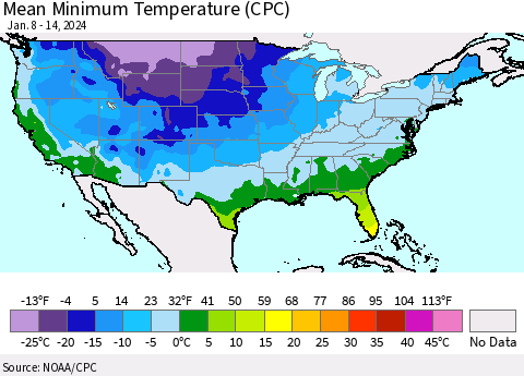 United States Mean Minimum Temperature (CPC) Thematic Map For 1/8/2024 - 1/14/2024