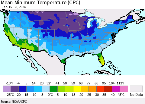 United States Mean Minimum Temperature (CPC) Thematic Map For 1/15/2024 - 1/21/2024