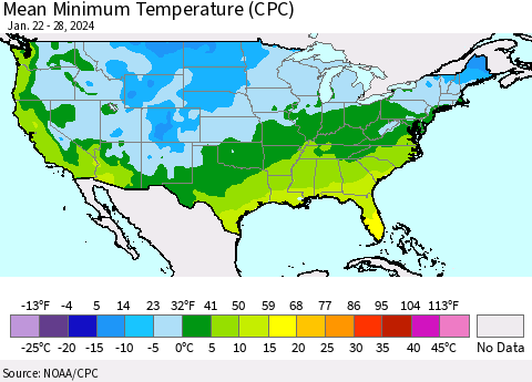 United States Mean Minimum Temperature (CPC) Thematic Map For 1/22/2024 - 1/28/2024
