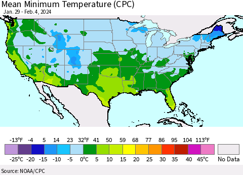 United States Mean Minimum Temperature (CPC) Thematic Map For 1/29/2024 - 2/4/2024