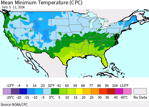 United States Mean Minimum Temperature (CPC) Thematic Map For 2/5/2024 - 2/11/2024
