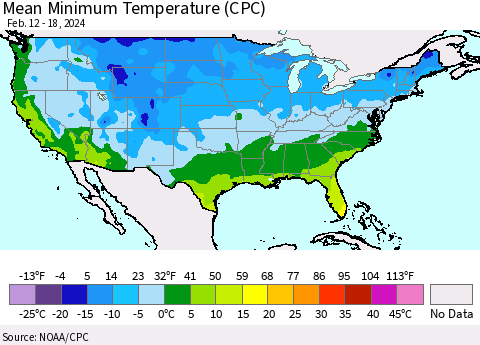 United States Mean Minimum Temperature (CPC) Thematic Map For 2/12/2024 - 2/18/2024