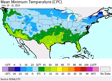 United States Mean Minimum Temperature (CPC) Thematic Map For 2/19/2024 - 2/25/2024