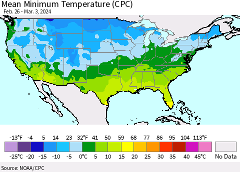 United States Mean Minimum Temperature (CPC) Thematic Map For 2/26/2024 - 3/3/2024