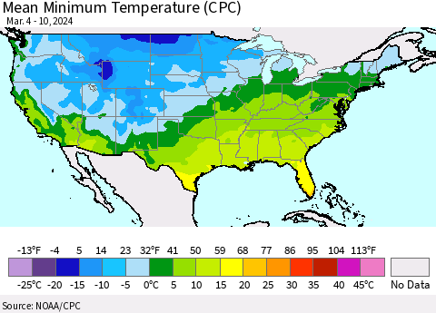 United States Mean Minimum Temperature (CPC) Thematic Map For 3/4/2024 - 3/10/2024