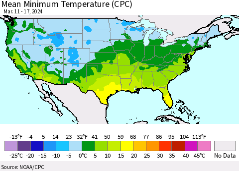 United States Mean Minimum Temperature (CPC) Thematic Map For 3/11/2024 - 3/17/2024