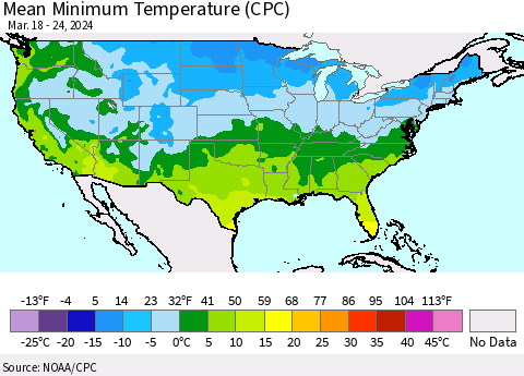 United States Mean Minimum Temperature (CPC) Thematic Map For 3/18/2024 - 3/24/2024