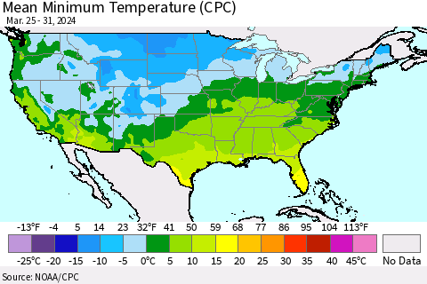 United States Mean Minimum Temperature (CPC) Thematic Map For 3/25/2024 - 3/31/2024