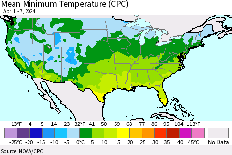 United States Mean Minimum Temperature (CPC) Thematic Map For 4/1/2024 - 4/7/2024