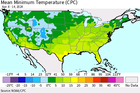 United States Mean Minimum Temperature (CPC) Thematic Map For 4/8/2024 - 4/14/2024
