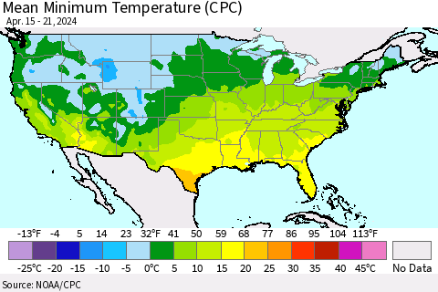 United States Mean Minimum Temperature (CPC) Thematic Map For 4/15/2024 - 4/21/2024