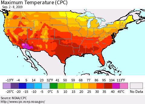 United States Maximum Temperature (CPC) Thematic Map For 9/2/2019 - 9/8/2019