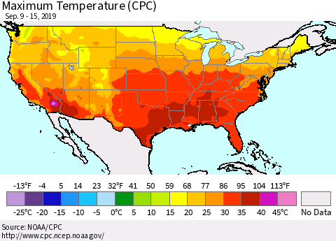 United States Maximum Temperature (CPC) Thematic Map For 9/9/2019 - 9/15/2019