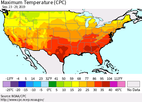 United States Maximum Temperature (CPC) Thematic Map For 9/23/2019 - 9/29/2019